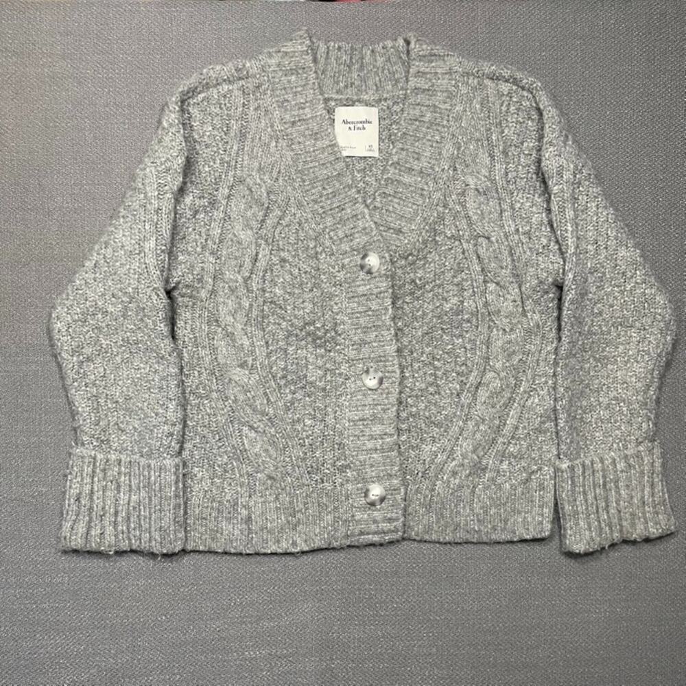 Abercrombie & Fitch Grey Chunky Cable Knit Seed Stitch Cardigan XS Ribbed Cuffs